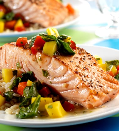 PAN SEARED SALMON IN PEACH MANGO SAUCE